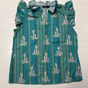 Women’s Western Teal and Blue Cactus/Striped Blouse